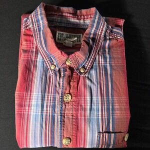 Duluth Trading Co Button Down Shirt Short Sleeve Red &Blue Plaid Mens Large Tall